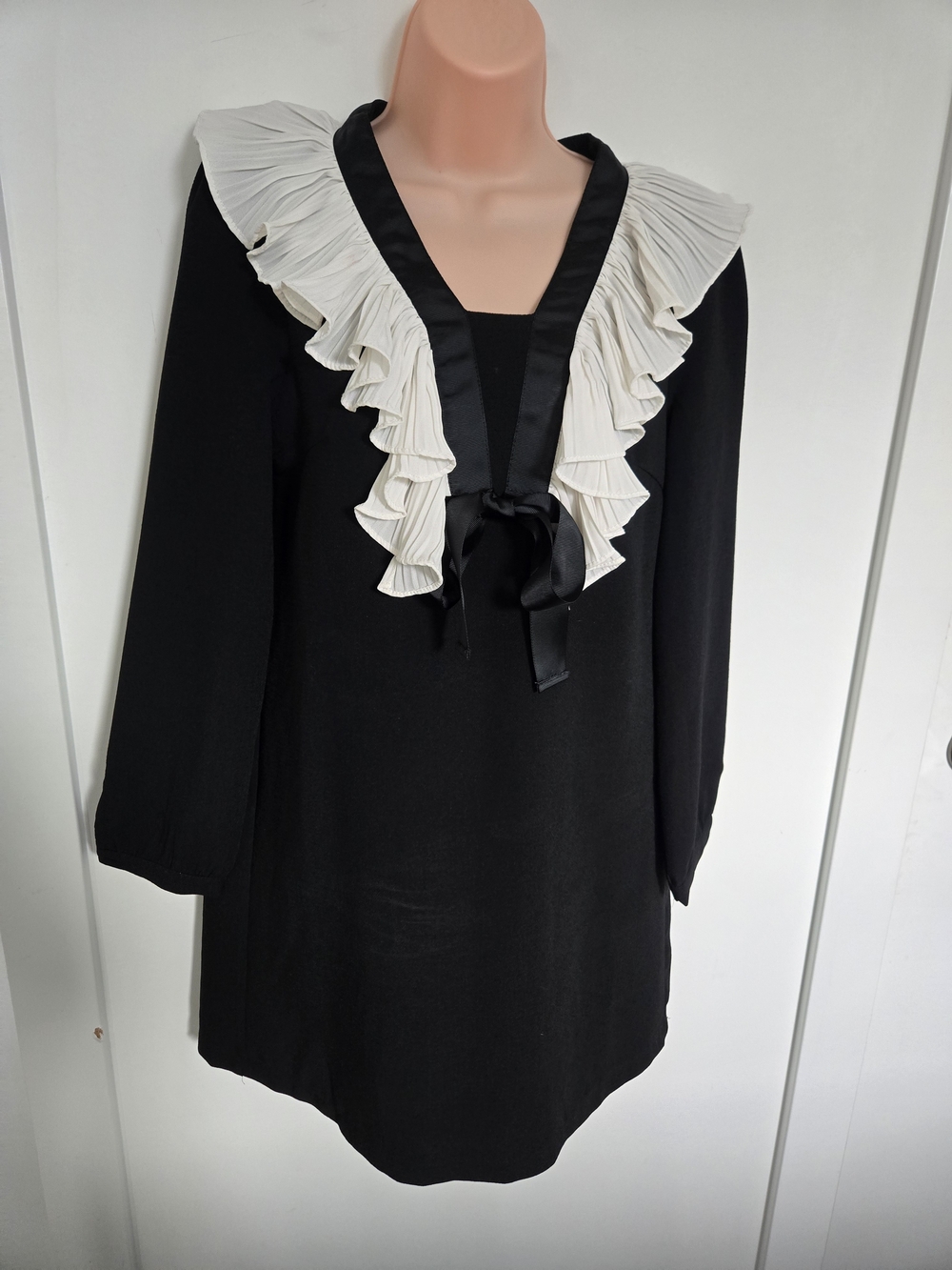 Black & White Ruffle Bow Mini Dress Medium Coquette Gothic